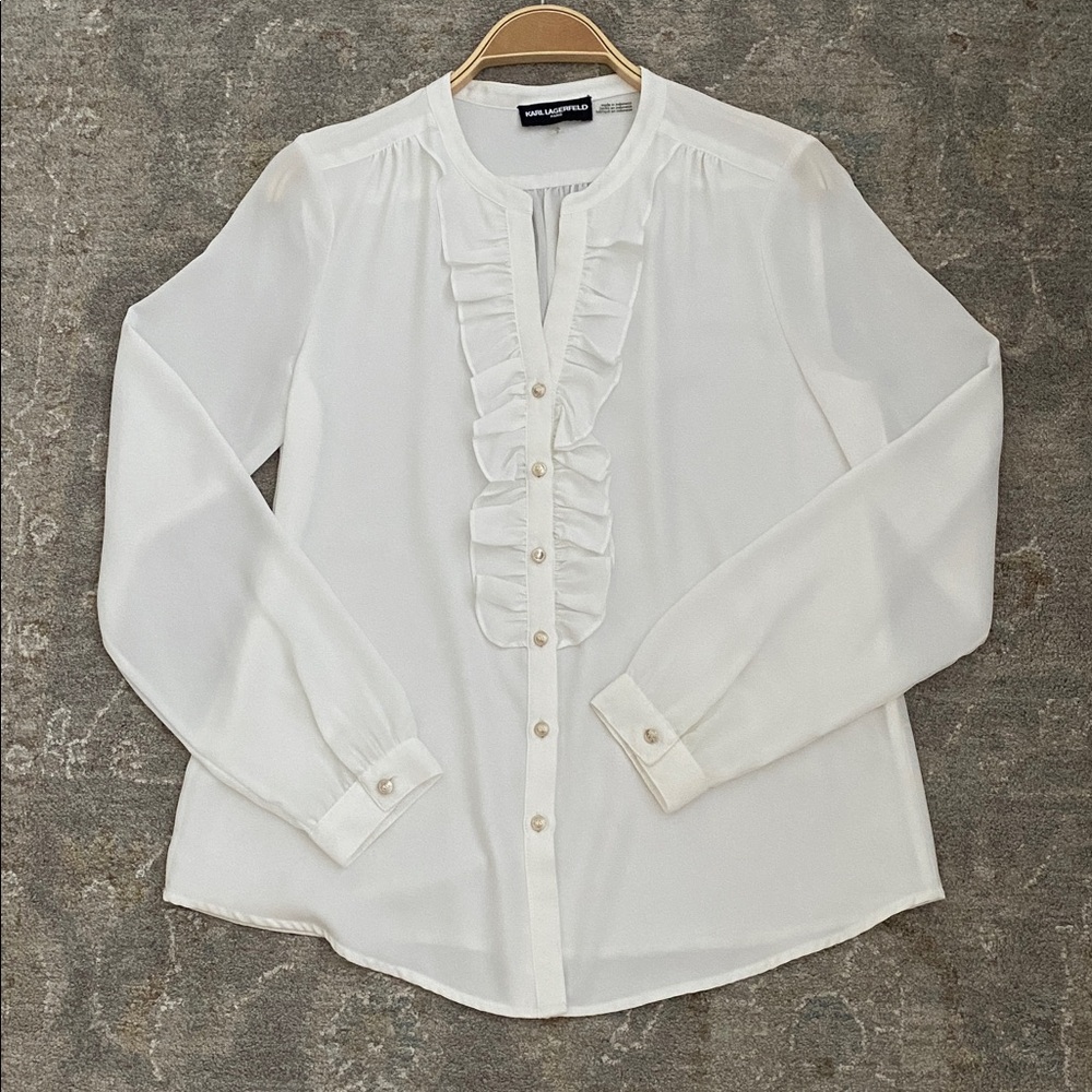 NWT Karl Lagerfeld Creamy Long Sleeve Ruffled V-Neck Button-up Blouse Size S